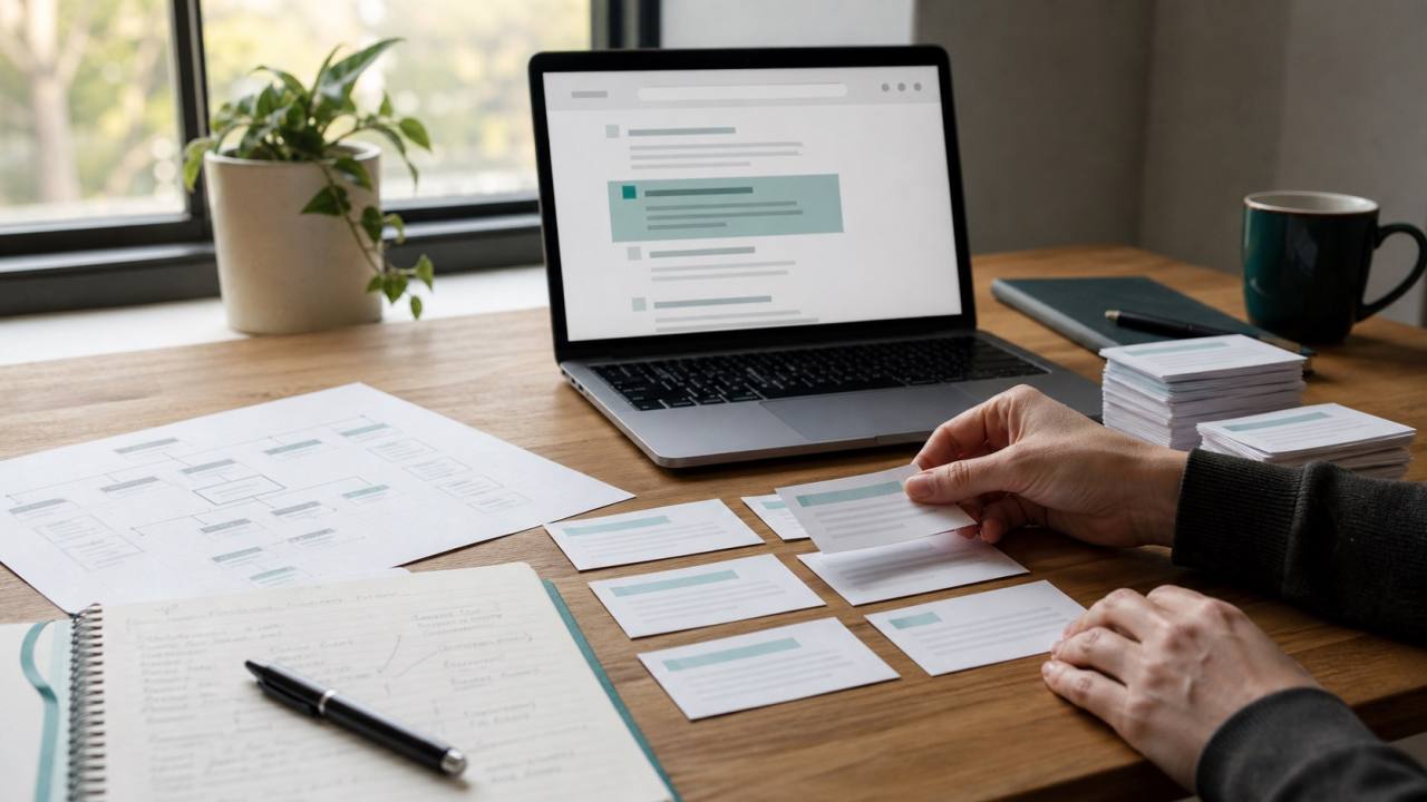 Hands arranging content cards beside a laptop showing abstract answer-first search results
