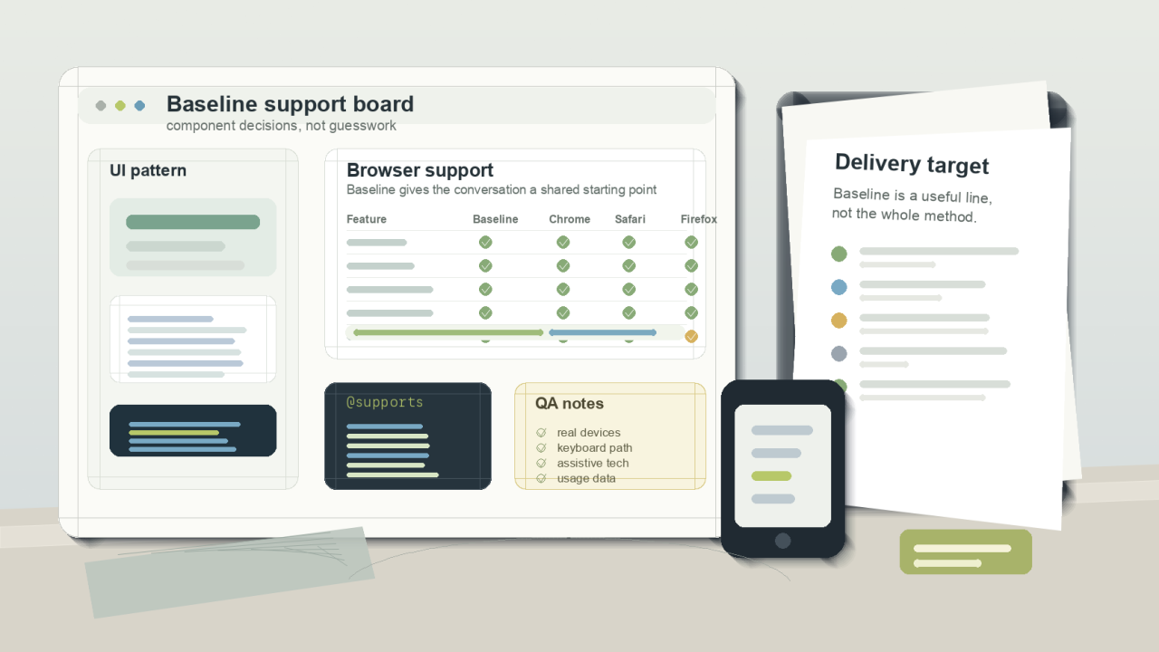 Browser support decision board with Baseline status, component sketches, QA notes and device testing references