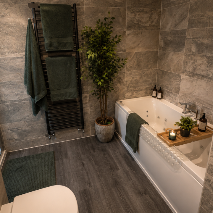 ChatGPT visual render of the finished bathroom, matching its grey tiles, oak-toned furniture and added greenery.