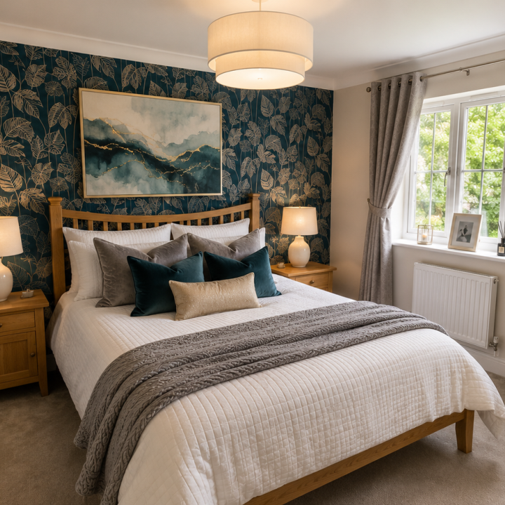 ChatGPT visual render showing the bedroom scheme with teal wallpaper, grey curtains, white bedding and oak furniture.