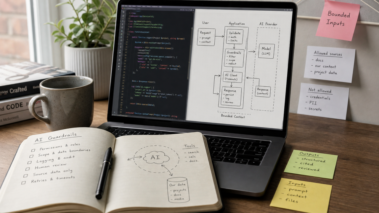 Technical workspace with AI feature code, boundary notes and a guardrails architecture sketch